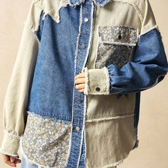 Multicolor Casual Women's Woven Patchwork Long Sleeve Loose Jacket Clothes - Picture 3 of 8